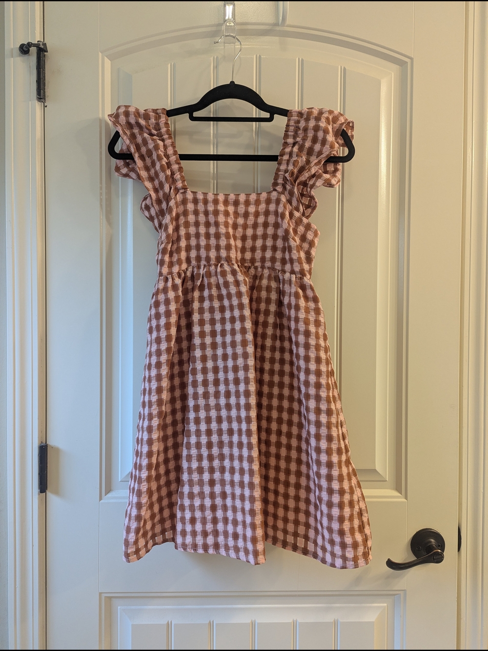 New Look ASOS Pink and Brown Gingham Ruffle Sleeve Dress
